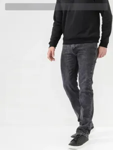 Men's slim straight dark grey washed denim jeans detail view, premium casual daily outfit wear.
