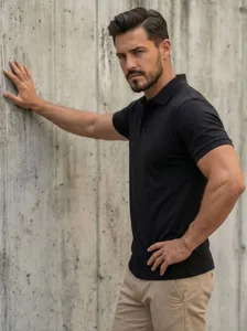 Men's black short sleeve polo shirt detail view, classic collar casual wear, breathable fabric.