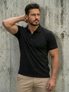 Detailed shot of the classic black polo shirt featuring a collar and buttons on model.