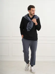 Men's casual long sleeve polo shirt and sweatpants set comfortable daily wear solid color top