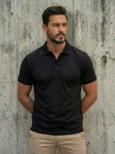 Close-up detail view of the black short sleeve polo shirt, showing collar and button placket design.