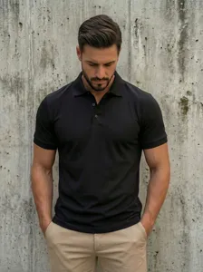 Detailed view of men's classic black polo shirt with short sleeves and button placket design.