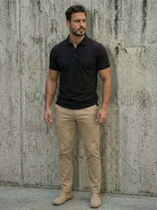 Men's casual black polo shirt detail shot, stylish summer short sleeve top for men.