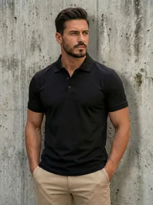 Detailed view of a classic black short sleeve polo shirt for men featuring a neat collar.