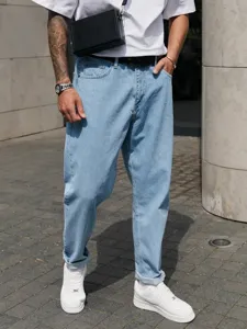 Men light blue loose fit cropped denim jeans casual streetwear stylish daily trousers