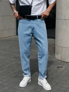 Men's light blue cuffed denim jeans casual straight leg trousers stylish street wear.