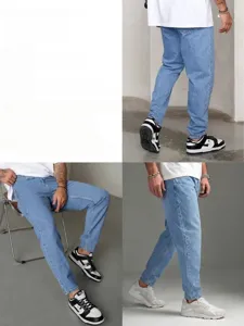 Jeans uomo azzurro chiaro taglio dritto alla caviglia, pantalone denim casual.