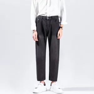 Men's stylish black cropped denim jeans, casual straight fit trousers for daily wear.