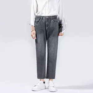 Men's dark grey cropped denim jeans featuring a classic washed finish and straight fit.