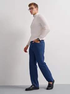 Men's casual classic straight fit blue denim jeans detailed view, comfortable everyday wear.