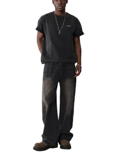 Men loose straight fit jeans and vintage washed t-shirt outfit for casual daily wear.
