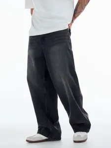 Jeans Décontractés Pour Hommes Coupe Droite Large Pantalon Denim Délavé Mélange De Coton Pantalon Droit Pour Hommes Mode Urbaine