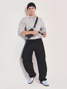 Men's loose fit straight leg jeans in classic black, offering comfortable casual streetwear style.