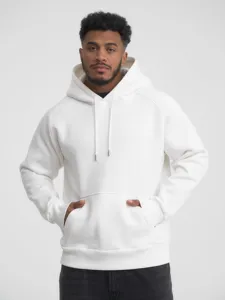 Detailed shot of a classic plain white hoodie featuring a cozy pocket and matching drawstrings.