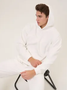 Detailed view of men solid white hoodie, comfortable casual long sleeve hooded sweatshirt.