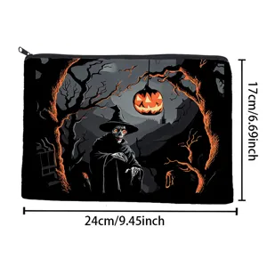 Halloween spooky pumpkin skeleton print zipper cosmetic bag, portable storage clutch pouch.