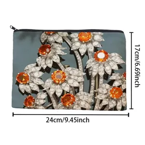 Canvas cosmetic pouch and pencil case featuring elegant floral jewelry print, 24x17cm portable size.