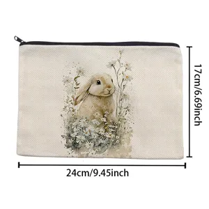 Linen cosmetic bag with cute watercolor bunny and daisy floral pattern, large storage zipper pouch