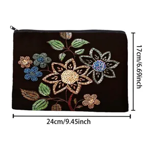 Bloemen kraal canvas cosmetische tas clutch, elegant bloemdesign, formaat 24x17cm.