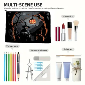 Halloween pumpkin skeleton makeup bag versatile zipper cosmetic pouch for travel daily use.