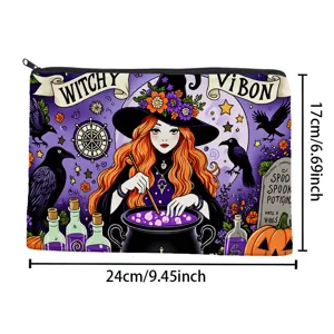 Halloween witch cartoon print cosmetic bag, portable large capacity toiletry storage pouch.