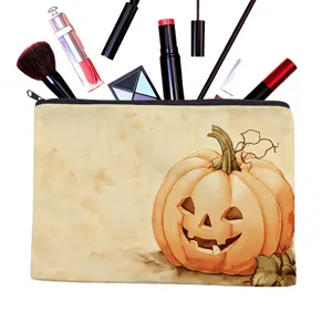 Leinen Kosmetiktasche mit Halloween Kürbis Print, tragbare Reißverschluss Make-up Tasche für Reise.