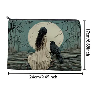 Pochette zippée en toile trousse de maquillage voyage avec design artistique lune et corbeau.