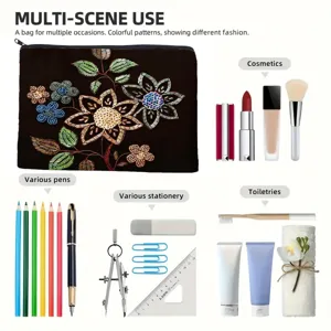 Canvas cosmetische tas met kralen bloemenborduurwerk, multifunctioneel etui met ritssluiting handig.