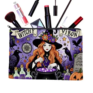 Cute witch cartoon print cosmetic bag, portable large capacity makeup storage pouch for women.