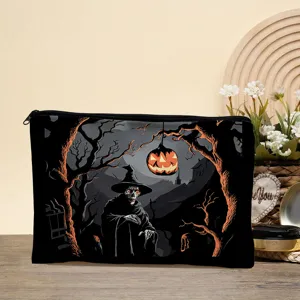 Halloween skeleton witch makeup bag black zipper pouch portable cosmetic storage organizer.