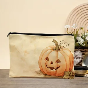 Leinwand Kosmetiktasche mit süßem Halloween Kürbis Druck, tragbare Reise Make-up Aufbewahrung.
