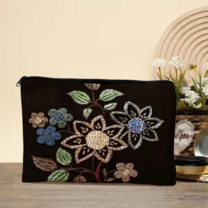Zwarte canvas cosmetische tas geborduurd met kralen bloemen make-up tasje voor dames.