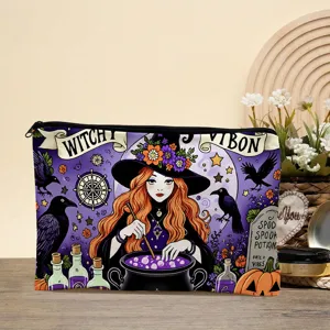 Large capacity cartoon witch printed cosmetic bag, portable makeup pouch for women daily use.