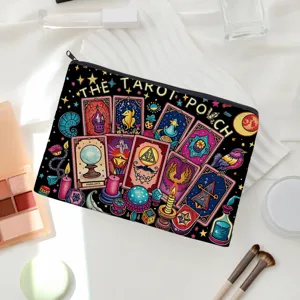 Tarot card print makeup bag, black zipper pouch for daily travel and stationery storage.