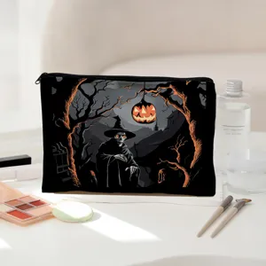 Halloween pumpkin skull print cosmetic bag black zipper makeup pouch travel toiletry