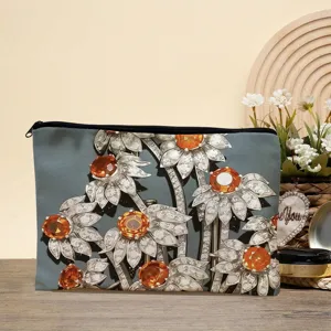 Canvas cosmetic bag with elegant jewelry flower print, perfect for daily makeup storage.