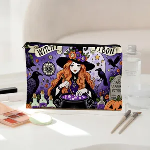 Witch cartoon print cosmetic bag, large capacity portable travel makeup pouch for women and girls.