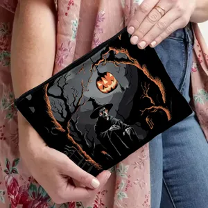 Halloween pumpkin witch print zipper cosmetic bag, spooky gothic makeup clutch for women.