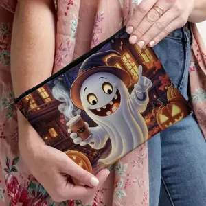 Halloween ghost print cosmetic bag detail, spacious zipper pouch for travel and daily storage.