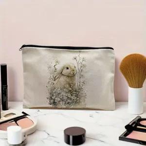 Linen makeup bag with watercolor rabbit daisy print, large capacity zipper pouch for daily use.