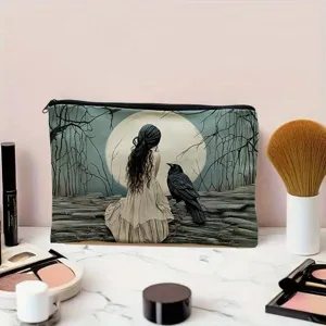 Trousse de maquillage en toile zippée avec impression gothique lune corbeau pochette de rangement