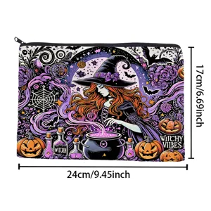 Spooky witch halloween cosmetic bag portable large capacity travel makeup pouch zip