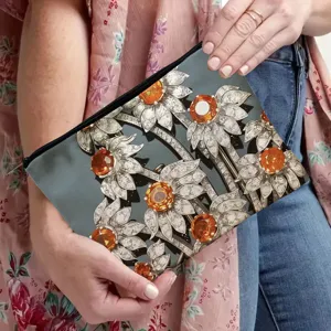 Canvas cosmetic zipper pouch with luxury floral jewelry print, stylish clutch bag for daily use.