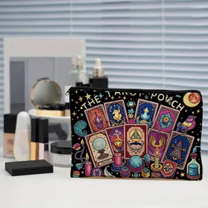 Tarot card print cosmetic bag, black canvas zipper travel makeup pouch for women and girls.
