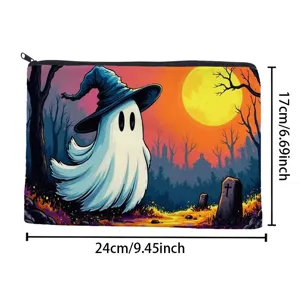 Detail view of Halloween ghost cosmetic pouch with dimension measurements showing spacious storage.