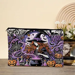Spooky Halloween witch cosmetic bag for women, large capacity travel makeup pouch and organizer.