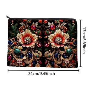 Canvas cosmetische tas met vintage bloem edelsteen print, dubbelzijdig, 24x17cm.