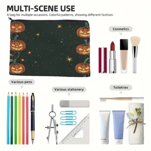 Halloween pumpkin print zipper pouch detail showing multi-scene cosmetic and stationery storage.