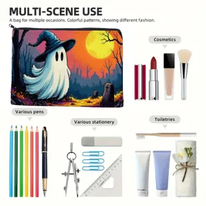 Halloween Ghost Print Cosmetic Bag Large Capacity Canvas Zipper Pouch Toiletries Organizer