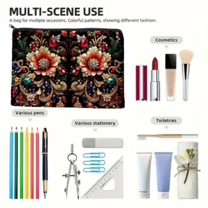 Canvas make-up tas met barokke bloemenprint, veelzijdige opbergtas met handige rits.